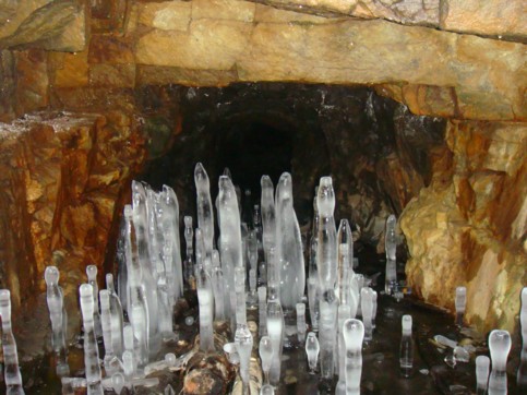 Upside-down icicles at the entrance to the abandoned mineshaft